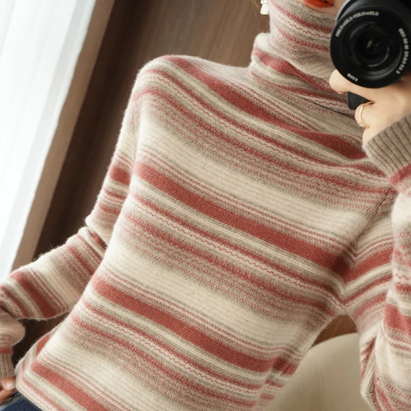 Damen Strickpullover mit Rollkragen – Modischer Streifenpullover für Herbst und Winter