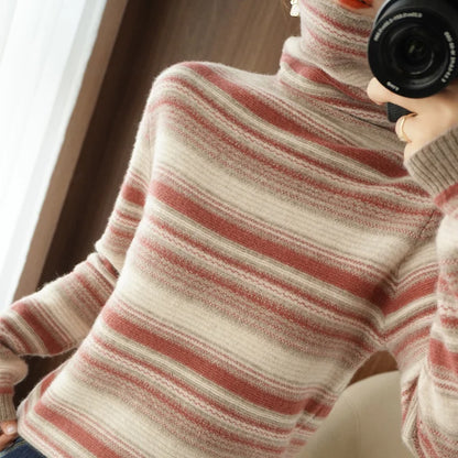Damen Strickpullover mit Rollkragen – Modischer Streifenpullover für Herbst und Winter