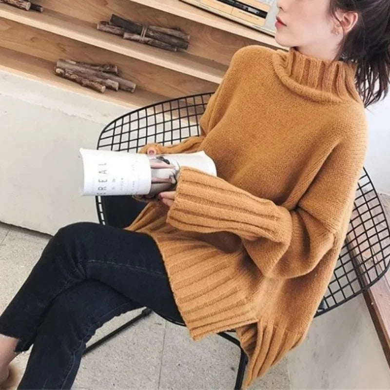 Damen Strickpullover im koreanischen Stil mit hohem Kragen – Modischer Herbst- und Winterpullover für vielseitige Outfits