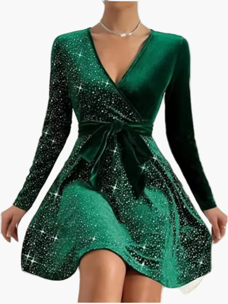 Damen Festliches Partykleid mit Glitzer und Schleife – Elegantes Cocktailkleid für besondere Anlässe