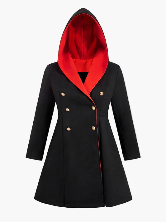 Damen Mantel mit Kapuze und zweireihiger Knopfleiste, eleganter Gothic-Stil, geeignet für Alltag und besondere Anlässe, große Größen