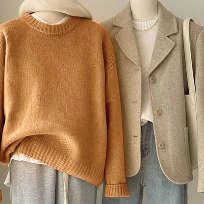 Damen Retro Strickpullover und Blazer Set – Lässiger Vintage Streetstyle für Herbst und Winter