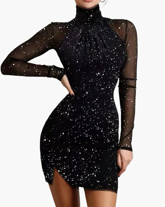Damen Partykleid mit Glitzer-Effekt und Mesh-Ärmeln – Elegantes figurbetontes Minikleid für festliche Anlässe