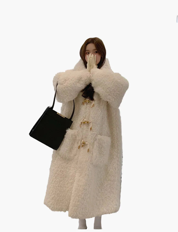 Damen Kuscheliger Oversize Teddy Dufflecoat für Winter – Modischer Langer Mantel mit Raglanärmeln