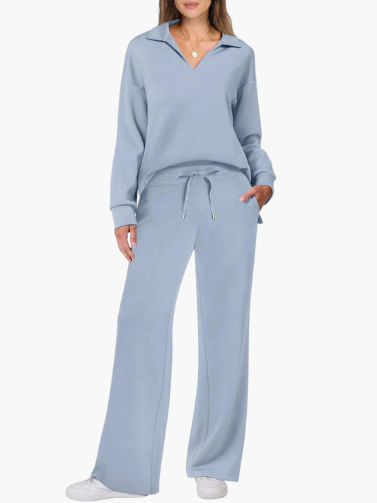 Damen Freizeit-Loungewear Set mit weitem Bein und V-Ausschnitt – Komfortabler Hausanzug