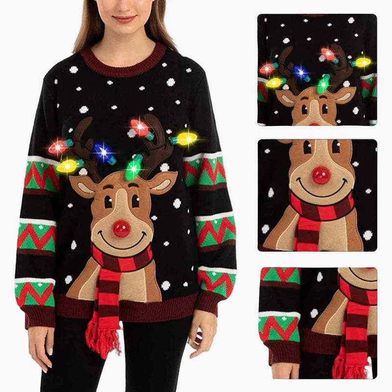 Damen Weihnachtspullover mit Rentier und LED-Lichtern – Lustiger Strickpulli für Weihnachten und Feiern