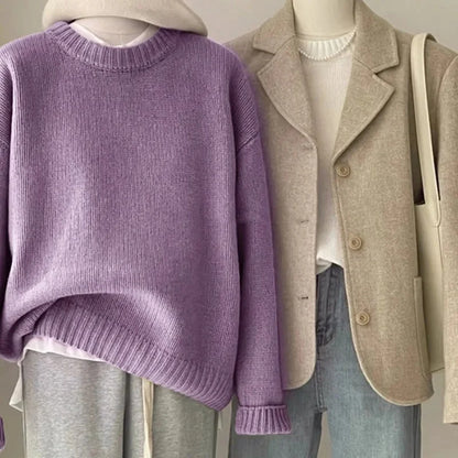 Damen Retro Strickpullover und Blazer Set – Lässiger Vintage Streetstyle für Herbst und Winter