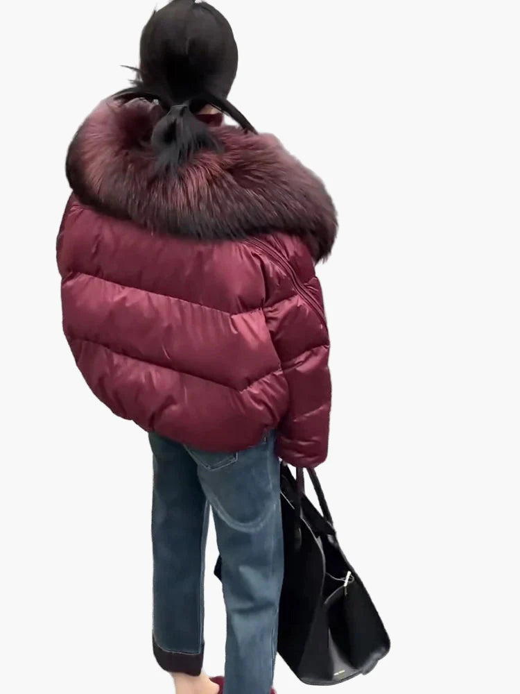 Damen Winter Daunenjacke mit Kapuze und Fellkragen – Modische warme Outdoorjacke