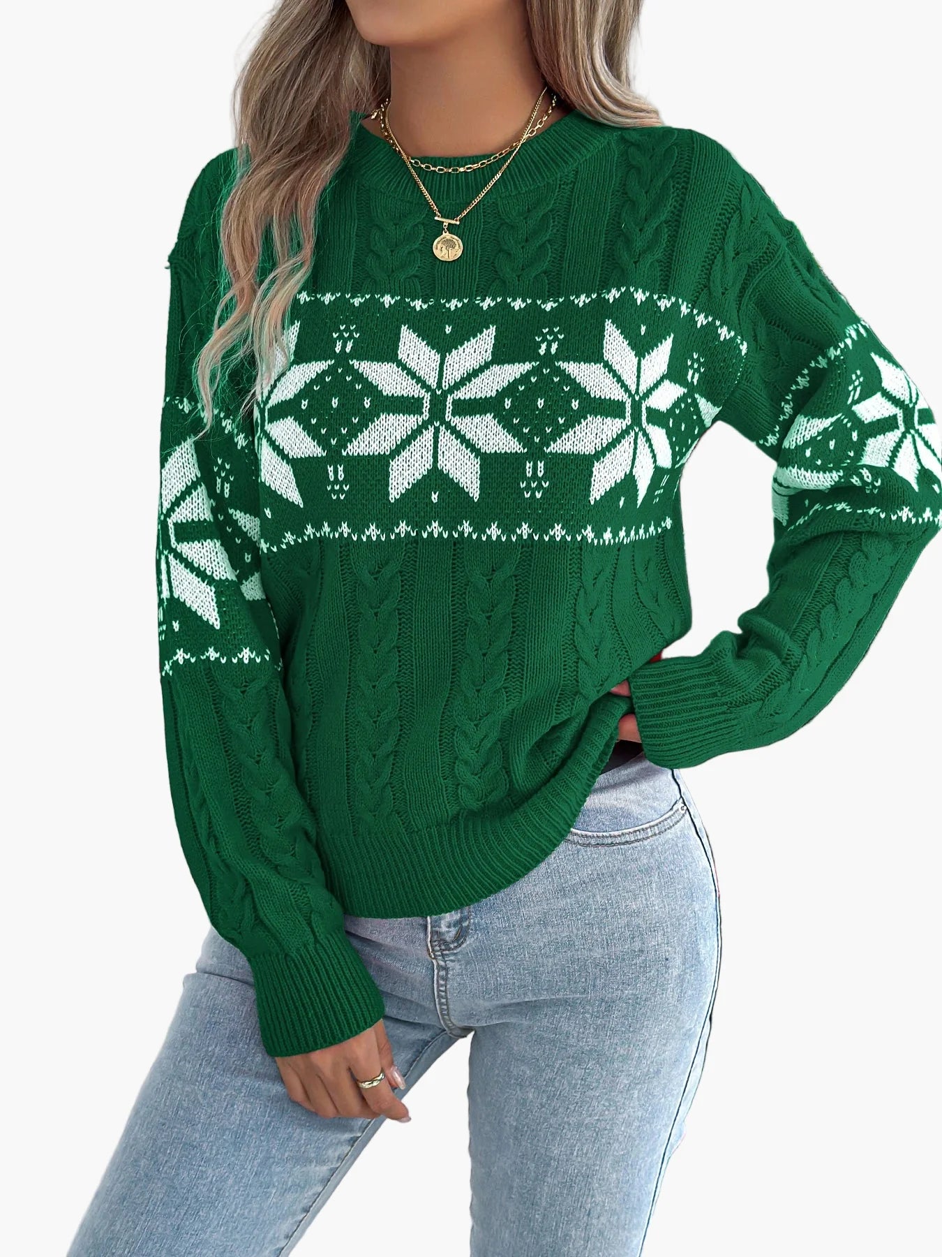 Damen Winter Pullover mit Norweger-Muster – Strickpullover im festlichen Stil, ideal für Weihnachten und Freizeit