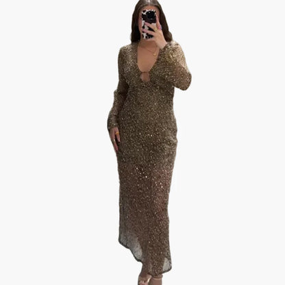 Damen Paillettenkleid Abendmode mit tiefem Ausschnitt und figurbetontem Schnitt – Perfektes Partykleid