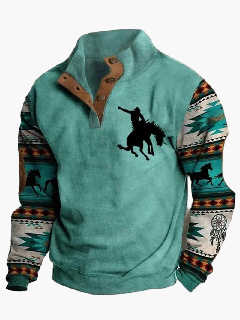 Herren Pullover mit Western Motiv und Digitaldruck – Vintage Cowboy Style, Winter Freizeit Sweater