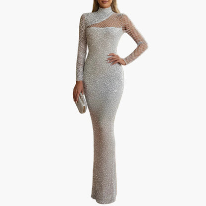 Damen Abendkleid Glitzer Bodycon Langarm Elegant für Gala und Party