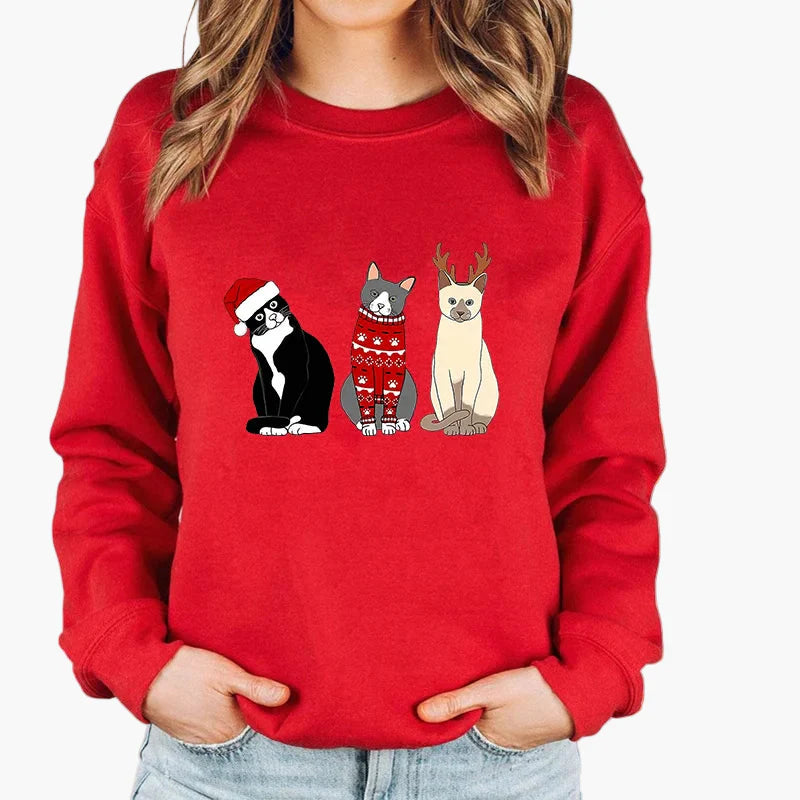 Damen Weihnachtspullover mit Katze und Lichterkette – Lustiger Winter Sweater für Alltag und Festtage