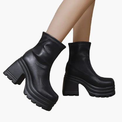 Damen Plateau Stiefel mit Blockabsatz – Modische High Heel Stiefeletten für Party & Streetstyle