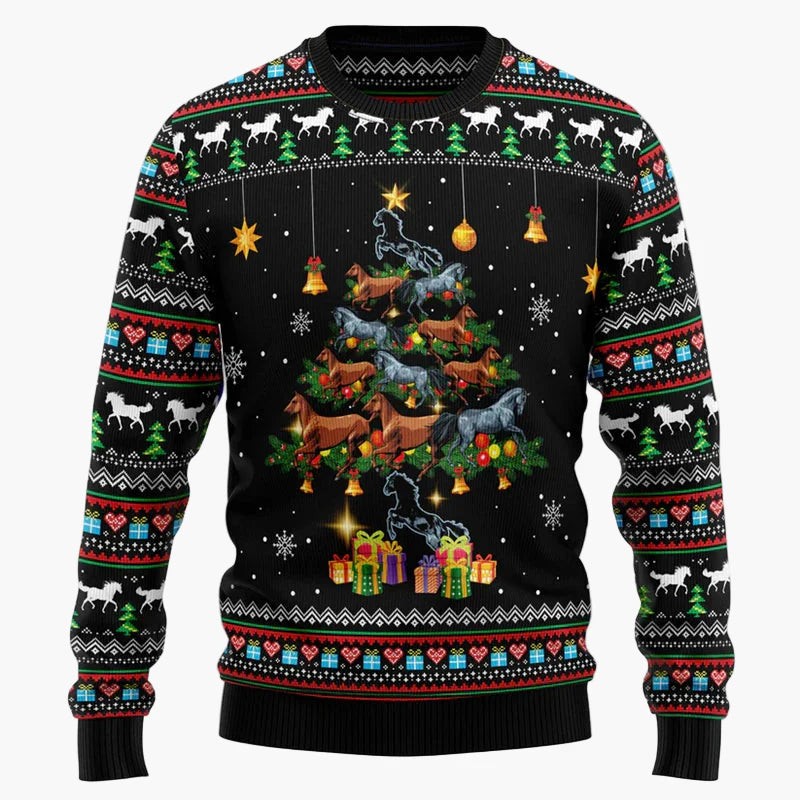 Unisex Lustiger Weihnachtspullover mit lachendem Pferde-Motiv – Perfekt für Ugly Christmas Sweater Partys