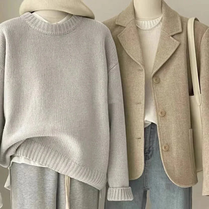 Damen Retro Strickpullover und Blazer Set – Lässiger Vintage Streetstyle für Herbst und Winter