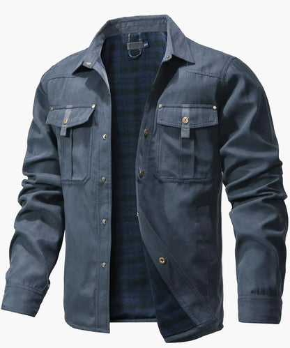 Herren Übergangsjacke mit Flanellfutter – Freizeit Overshirt im Western Cowboy Stil, Knopfleiste