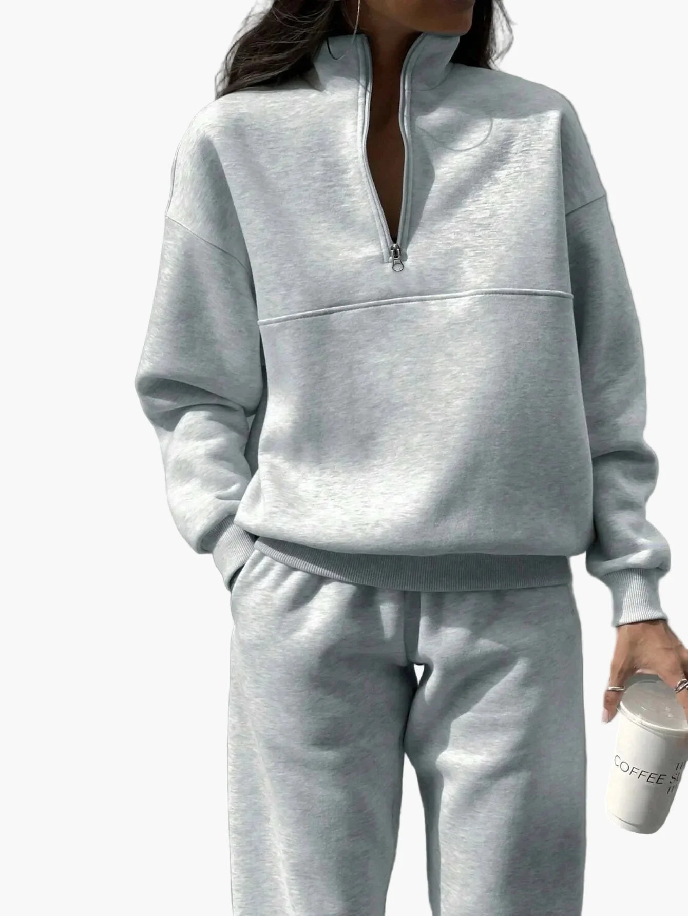 Damen Freizeit Zweiteiler Set – Bequemer Pullover mit Reißverschluss und Jogginghose, Lässiger Streetwear-Look für Alltag und Freizeit