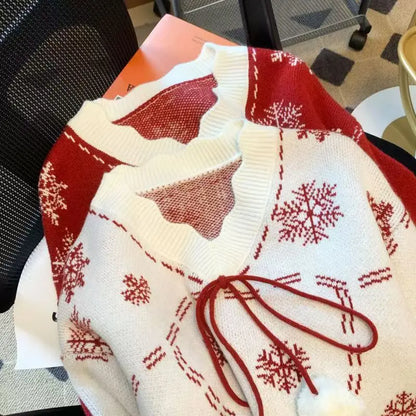 Damen Winter Strickjacke mit Schneeflocken-Muster und Pompons – Festlicher Cardigan im Vintage-Stil