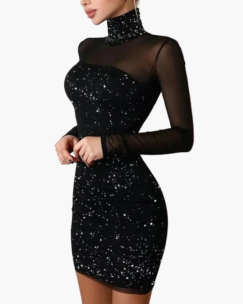 Damen Elegantes Bodycon Minikleid mit Stehkragen und Mesh-Ärmeln für Abend und Party