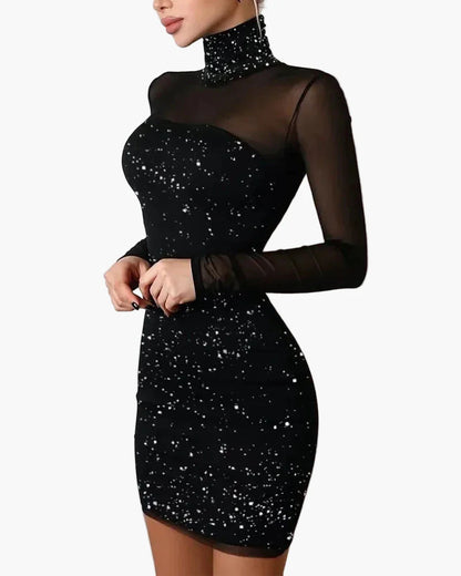 Damen Elegantes Bodycon Minikleid mit Stehkragen und Mesh-Ärmeln für Abend und Party