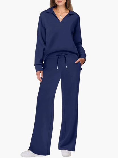Damen Freizeit-Loungewear Set mit weitem Bein und V-Ausschnitt – Komfortabler Hausanzug