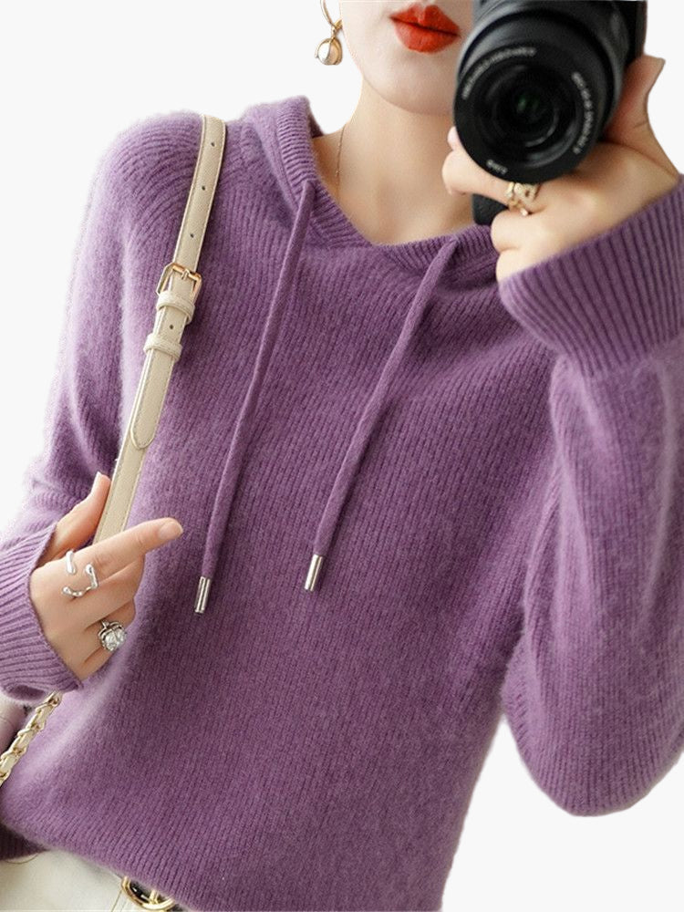 Damen Strickpullover Kapuzenpullover mit Kordelzug – Stilvoller Alltags-Hoodie für Herbst & Winter