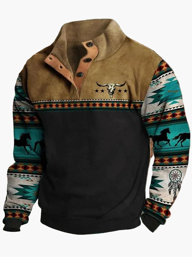Herren Vintage Western Pullover mit Aztekenmuster und Halbknopfleiste – Freizeit Langarmshirt