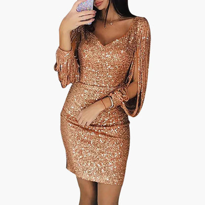 Damen Pailletten-Kleid mit Fransenärmeln – Elegantes Partykleid im Bodycon-Stil für besondere Anlässe