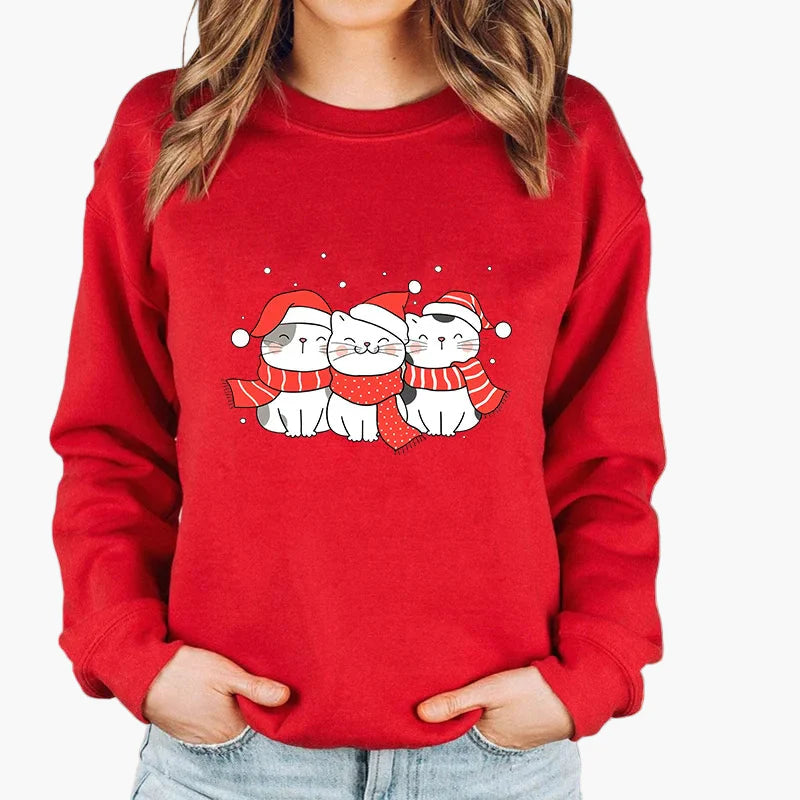Damen Weihnachtspullover mit Katze und Lichterkette – Lustiger Winter Sweater für Alltag und Festtage
