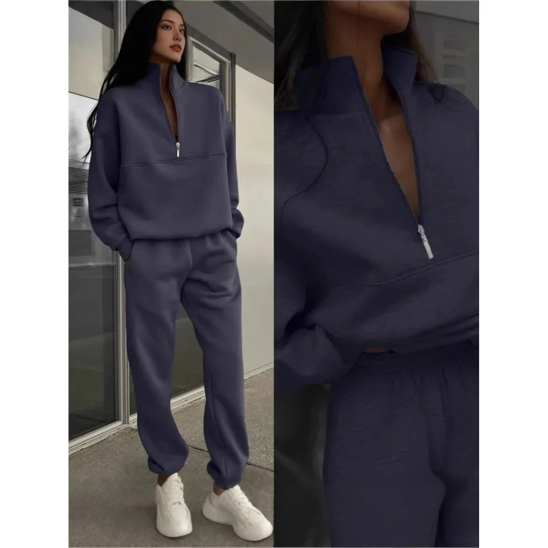 Damen Freizeit Zweiteiler Set – Bequemer Pullover mit Reißverschluss und Jogginghose, Lässiger Streetwear-Look für Alltag und Freizeit