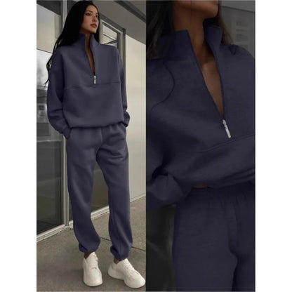 Damen Freizeit Zweiteiler Set – Bequemer Pullover mit Reißverschluss und Jogginghose, Lässiger Streetwear-Look für Alltag und Freizeit