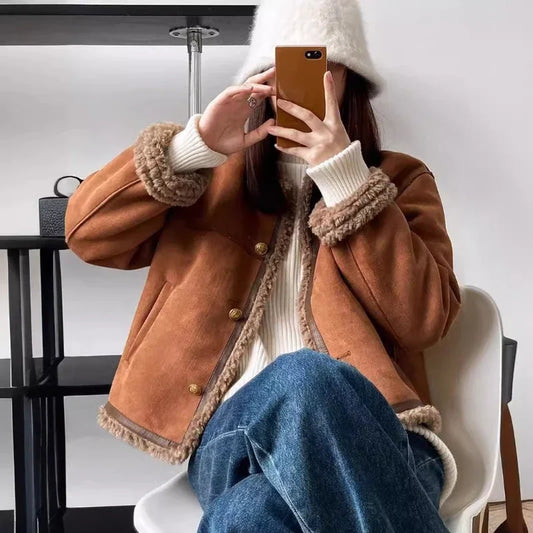 Damen Shearling-Jacke im Vintage-Stil für Herbst und Winter – Modische Kuscheljacke für Alltag und Freizeit