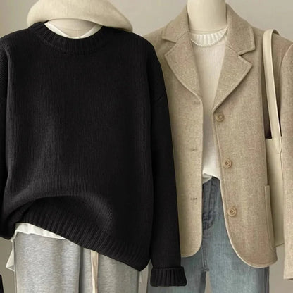 Damen Retro Strickpullover und Blazer Set – Lässiger Vintage Streetstyle für Herbst und Winter