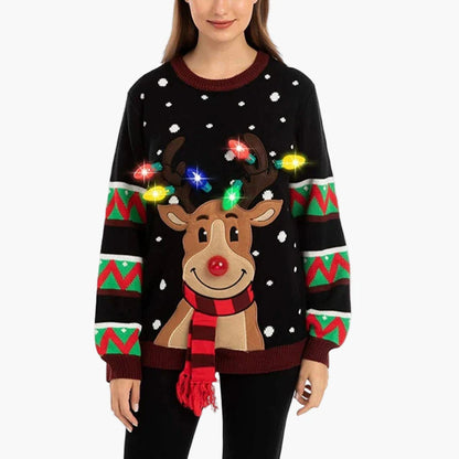 Damen Weihnachtspullover mit Rentier und LED-Lichtern – Lustiger Strickpulli für Weihnachten und Feiern