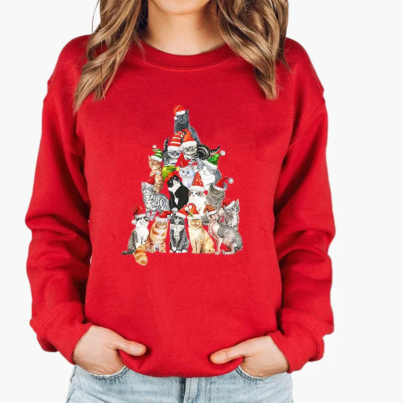 Damen Weihnachtspullover mit Katze und Lichterkette – Lustiger Winter Sweater für Alltag und Festtage