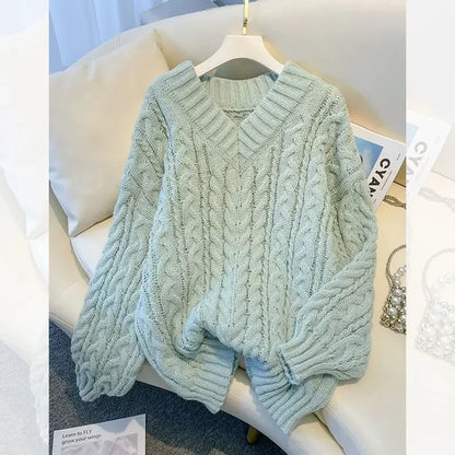 Damen Grobstrick Pullover mit Zopfmuster und V-Ausschnitt – Winter Must-Have, Lässiger Stil, Ideal für Alltag und Layering