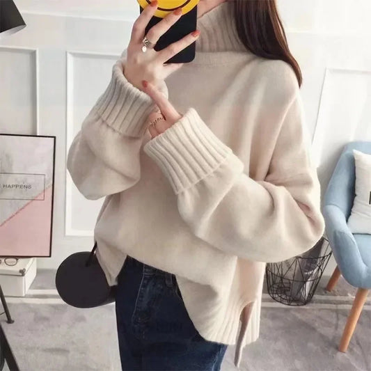 Damen Strickpullover im koreanischen Stil mit hohem Kragen – Modischer Herbst- und Winterpullover für vielseitige Outfits