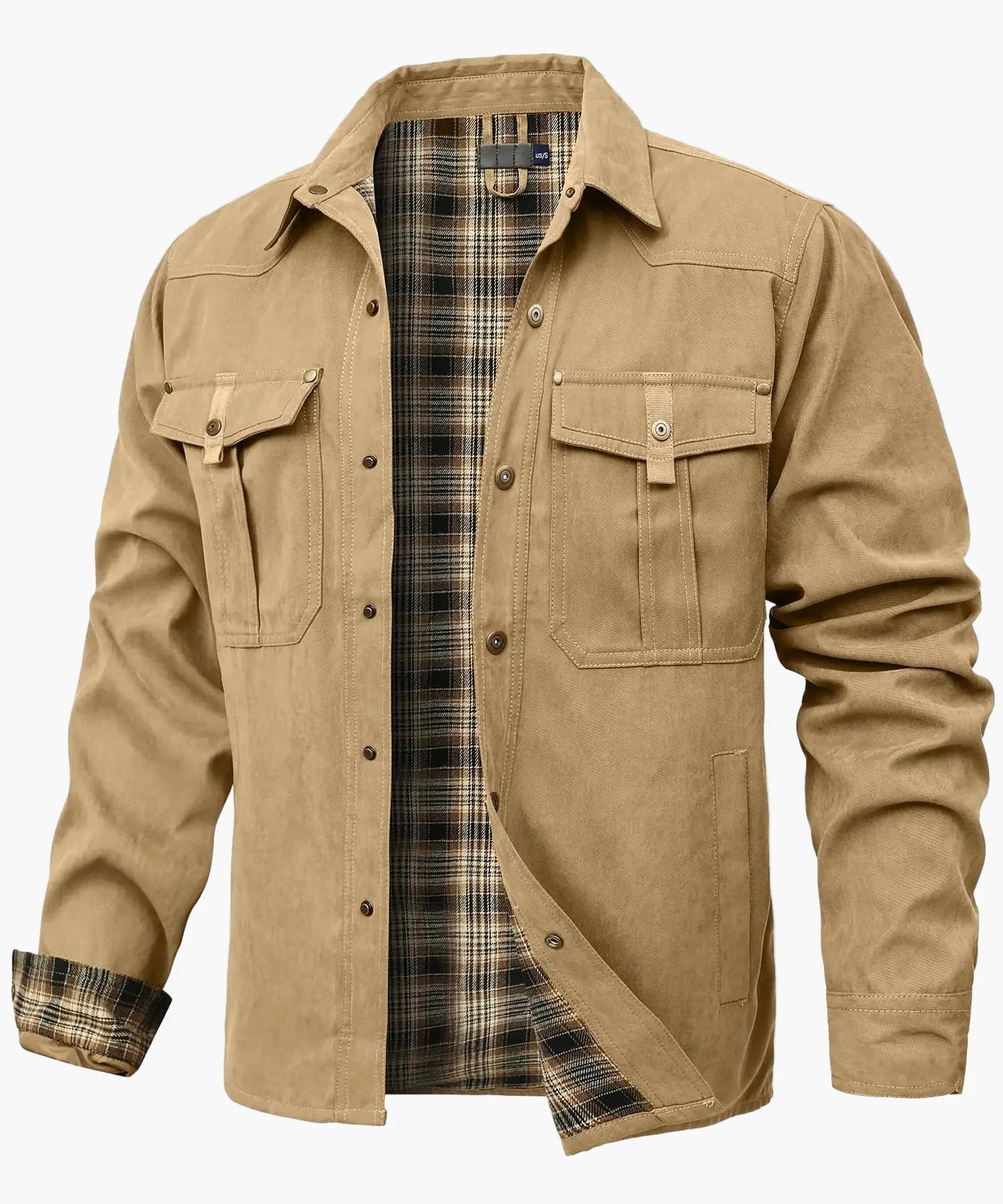 Herren Übergangsjacke mit Flanellfutter – Freizeit Overshirt im Western Cowboy Stil, Knopfleiste