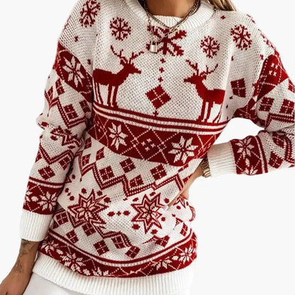 Damen Weihnachtspullover mit Rentier und Schneeflocken – Modischer Strickpullover für Winter & Festtage