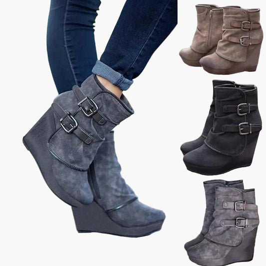 Damen Keilabsatz Stiefeletten mit Schnallen – Modische Boots für Herbst und Winter