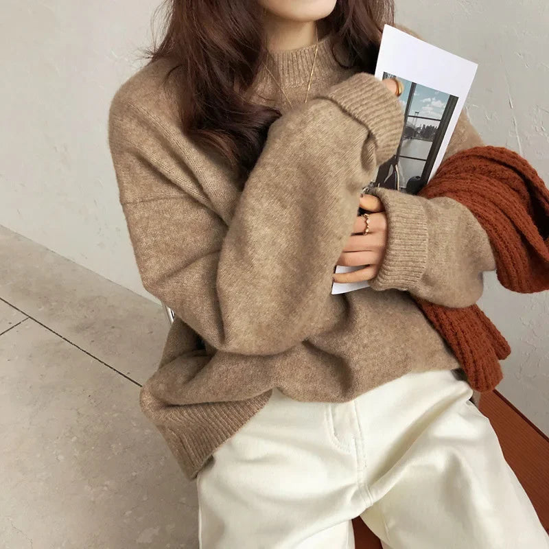 Damen Oversize Retro Strickpullover – Lässiger Herbst Winter Basic Sweater für Alltag & Freizeit