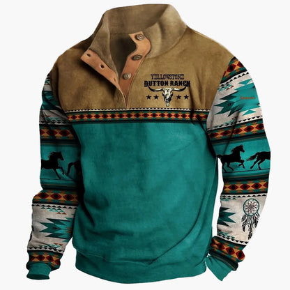 Herren Vintage Western Pullover mit Aztekenmuster und Halbknopfleiste – Freizeit Langarmshirt