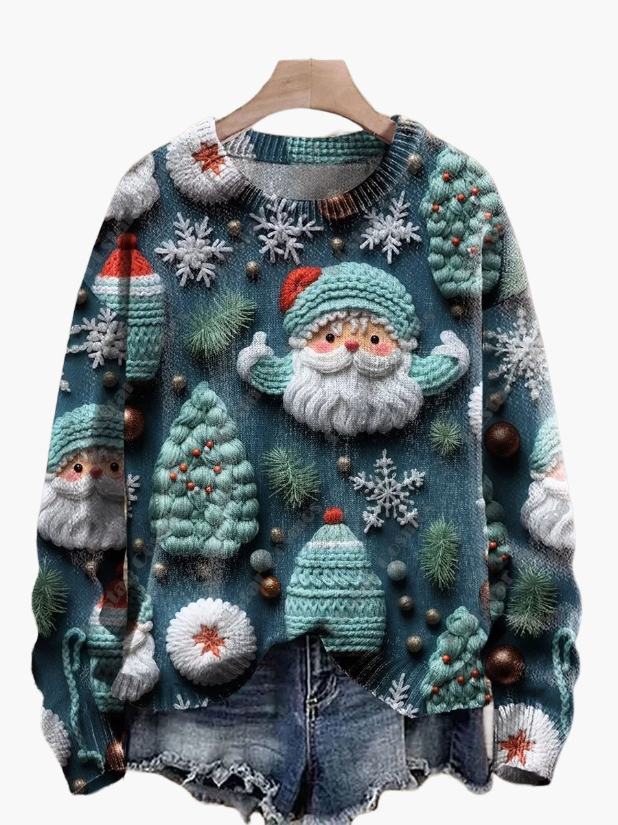 Damen Weihnachtspullover mit 3D-Stickereien – Lustiger Strickpullover im Festtagsstil