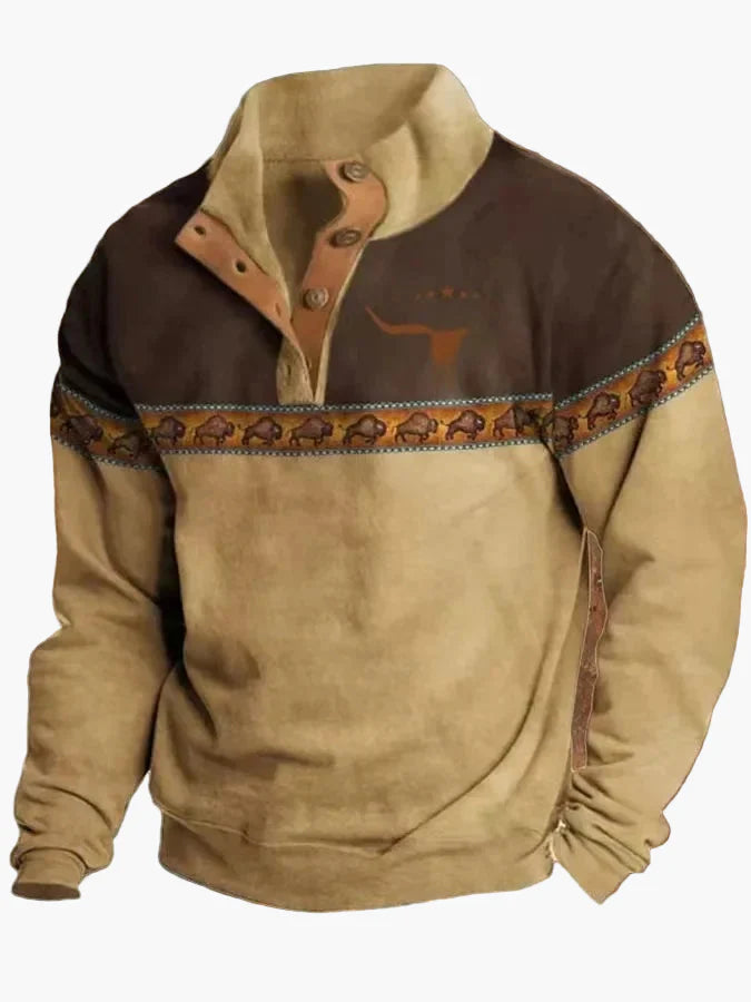 Herren Vintage Western Pullover mit Aztekenmuster und Halbknopfleiste – Freizeit Langarmshirt
