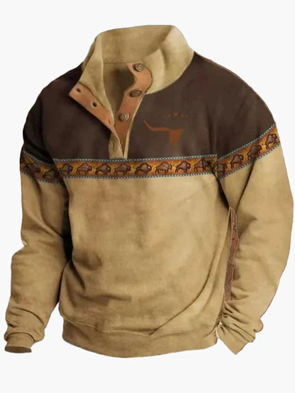 Herren Vintage Western Pullover mit Aztekenmuster und Halbknopfleiste – Freizeit Langarmshirt