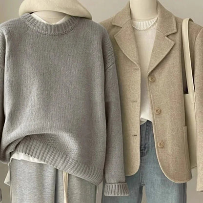 Damen Retro Strickpullover und Blazer Set – Lässiger Vintage Streetstyle für Herbst und Winter