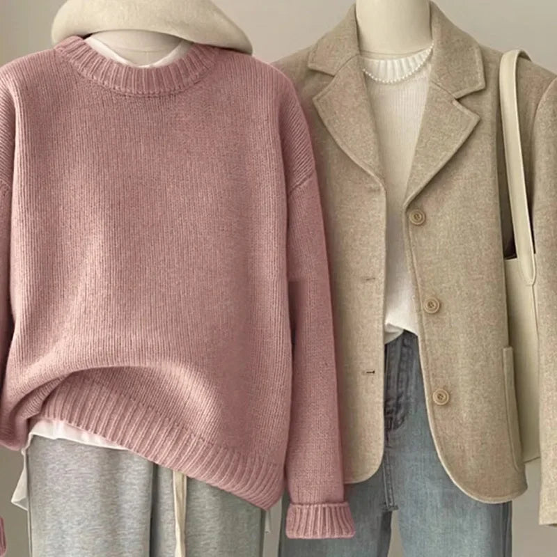 Damen Retro Strickpullover und Blazer Set – Lässiger Vintage Streetstyle für Herbst und Winter