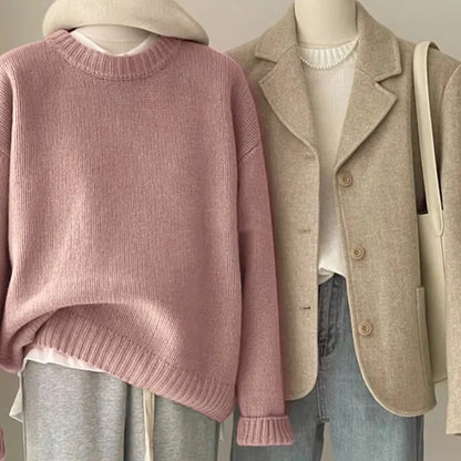 Damen Retro Strickpullover und Blazer Set – Lässiger Vintage Streetstyle für Herbst und Winter