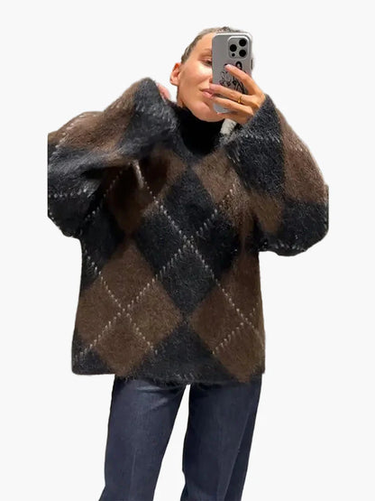 Damen Oversize Pullover im Karo-Design – Modischer Winter Strickpullover für Alltag & Freizeit